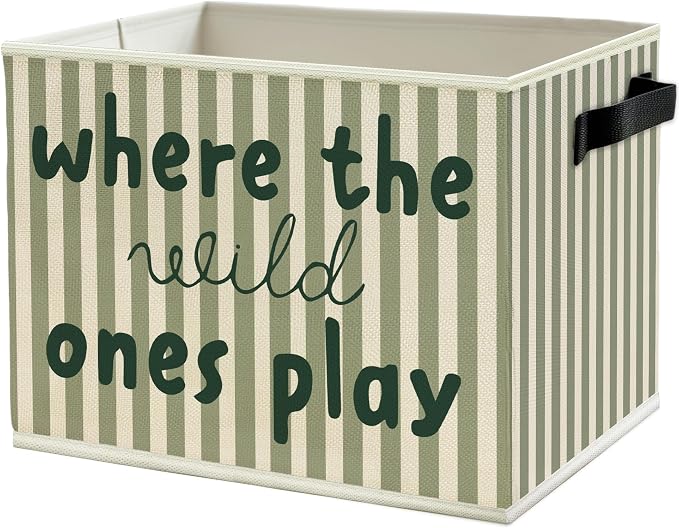 Green Stripe Boho Classroom Storage Bins Box with Handles, Where the Wild Ones Play Collapsible Basket Organizer for Kids Playroom Nursery Bedroom Bathroom Toys Books Clothes