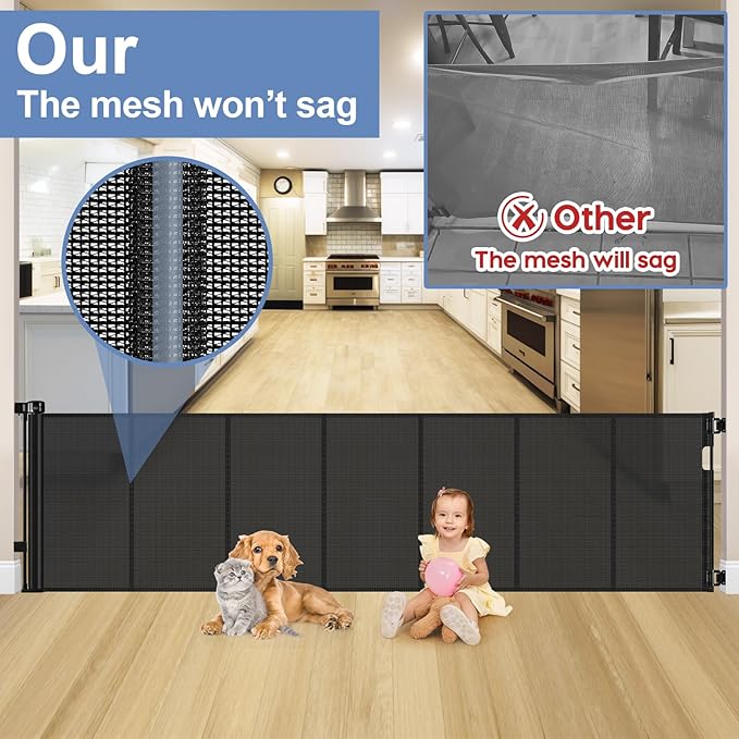 Reinforced 120 Inch Extra Long Retractable Dog Gates for Doorways Extra Wide Pet Gate Indoor 10 Ft Retractable Baby Gates for Dogs 33 Inch Tall Mesh Baby Gate Long with Reinforced Strips, Black