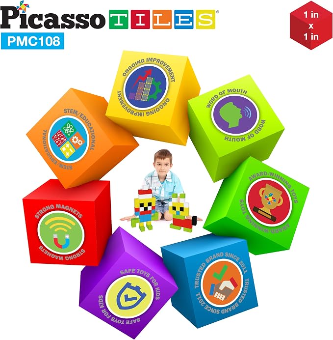 PicassoTiles 108PC Magnetic Puzzle Cube + Toys Carrying Case, 1" Pixel Mix & Match Cubes w/Free Idea Book Sensory Toys, Magnetic Tiles Construction Block Travel Bag, Waterproof Storage Organizer Box