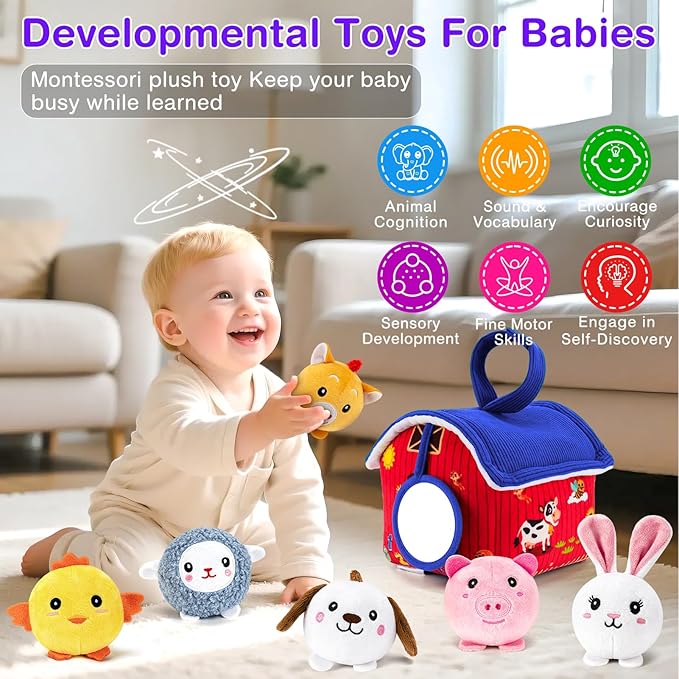Montessori Sensory Toys for Baby - First Surprise Barn with 6 Stuffed Farm Animals - Rattles, Crinkles, Squeak, Mirror - 6-12 Months Infant &1-3 Years Toddler boy Girl Gifts & Travel Toy
