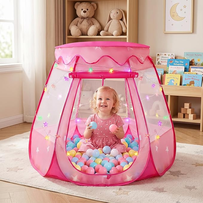 Pop Up Princess Tent with Colorful Star Lights for 1 2 3 Year Old Birthday Gift, 12-18 Months Baby Girl Toys, Foldable Ball Pit with Carrying Bag, Indoor&Outdoor Play Tent for Kids