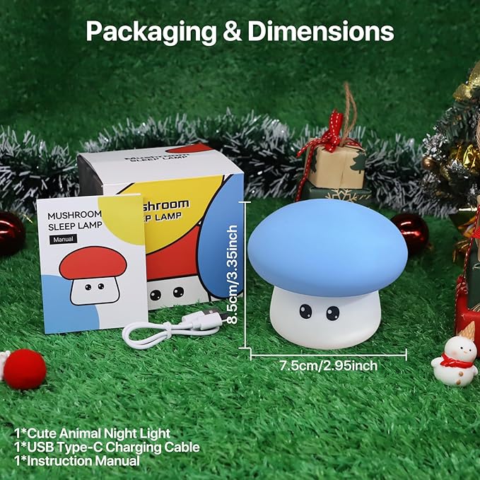 Cute Blue Mushroom Night Light for Kids Rechargeable, Battery Operated Nightlight 3 Level Dimmable with RGB&Timer, Silicone Touch Nursery Lamp for Baby Girls Boys Bedroom Gifts