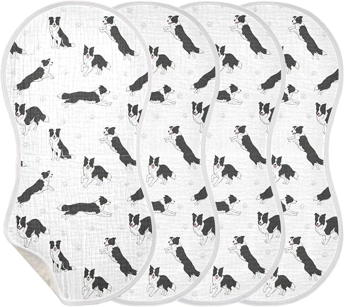 4 Pack Muslin Burp Cloths Collie Dog Paw White Cotton Baby Burp Cloths Extra Absorbent and Soft Burping Cloth for Newborn Babies Boys Girls 22x11 Inch