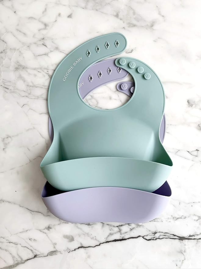 Goobie Baby Silicone Baby Bib with Food Catcher - Adjustable Waterproof Feeding Bib for Babies & Toddlers 4 to 36 Months for Girl and Boy - Modern, Soft, Easy to Clean (2 Pack – Sea Glass/Lilac)