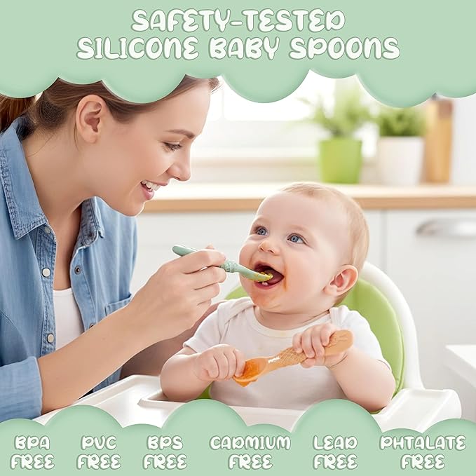 Silicone Baby Spoons self feeding 6 months, infant feeding spoons bpa free, self feeding spoons for babies 6-12 months, gootensils, baby self feeding spoon.