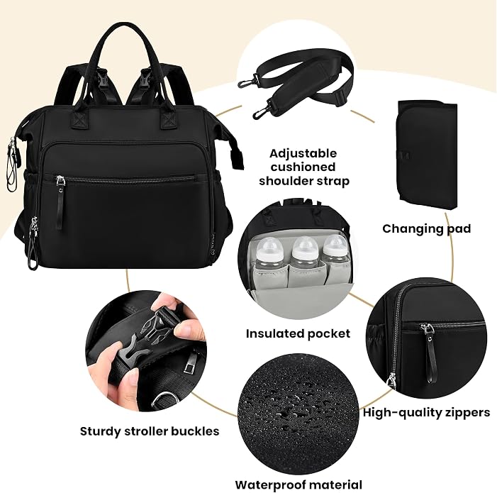 Large Diaper Bag Tote – Lightweigt Diaper Tote Bag With Large Capacity – Matching Changing Pad, Waterproof Design, Insulated Bottle Pockets, Padded Crossbody Shoulder Strap