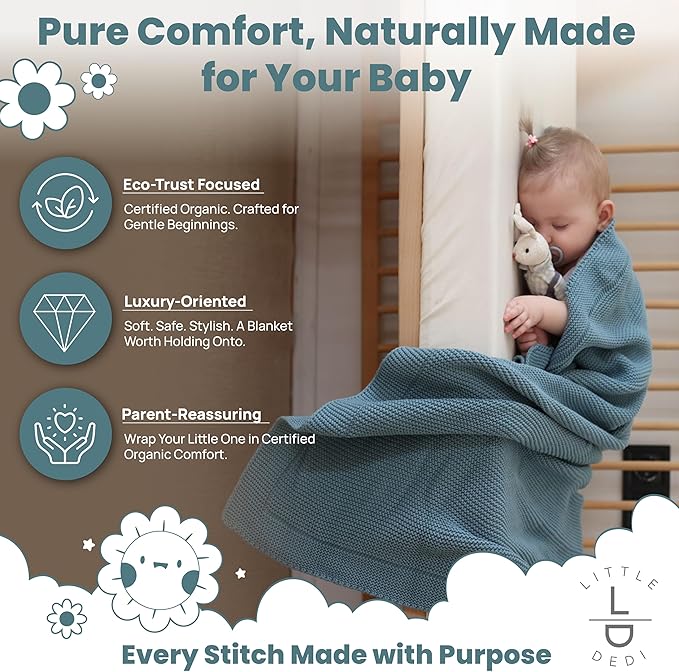 100% Organic Cotton Baby Knitted Blanket with Gift Box - Soft Toddler, Crib, Stroller Blanket - Neutral Swaddle and Receiving Blanket for Newborns, 30"x40", Smoke Blue