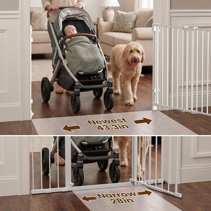 Mumeasy 36" Tall Baby Gate for Stairs, 29.5-43.3" Expandable Hardware Mounted (Drill Needed), Removable No Bottom Bar Dog Gate, Auto Close Wide Walk Thru Safety Gate for Doorways, Pets& Toddlers,White