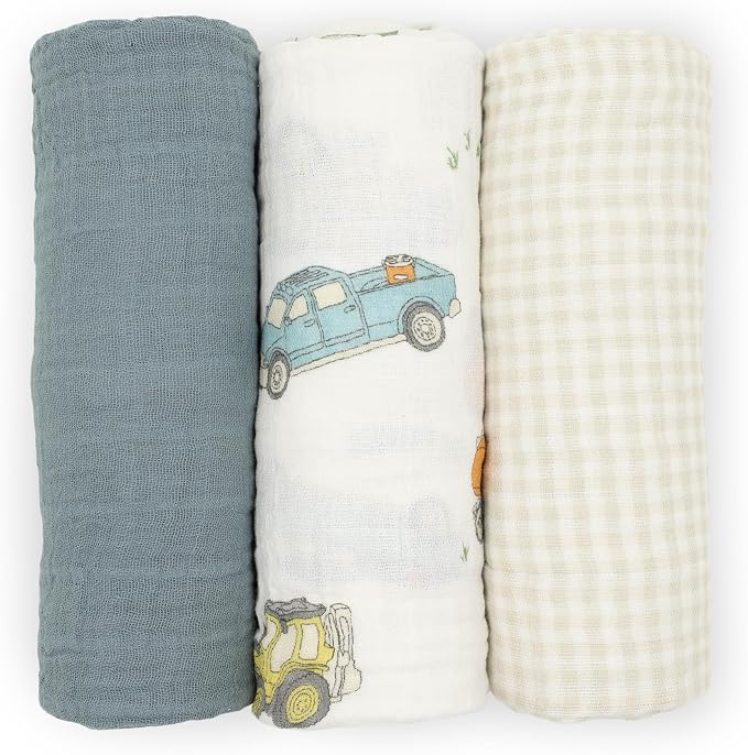 Little Unicorn Muslin Swaddle Blanket for Newborns & Infants | Soft & Breathable Fabric | Set of 3 Baby Blankets for Swaddling, Nursing, Shower Gifts (Work Trucks)