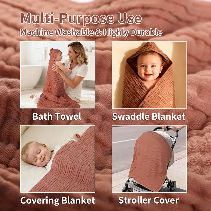 2 Pack 6-Layer Plain Muslin Baby Hooded Towels, 100% Pure Cotton, Zero Shrink, Ultra Soft Newborn Towels, 32x32 Inch Minimalist Neutral, Terracotta & Milan
