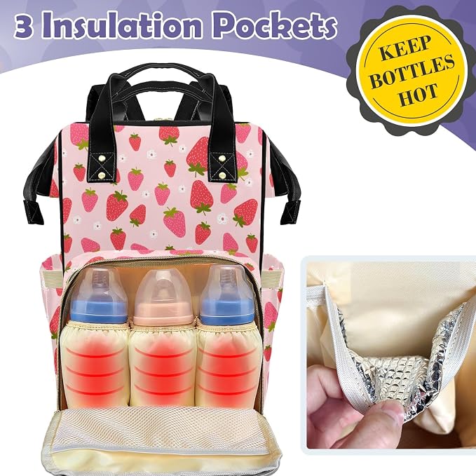 Custom Diaper Bag with Name Personalized Multifunctional Mommy Backpack for Shoulders Outdoor Backpack for Newborn Baby Thermal Pockets Nursing Bags （Strawberry 3）