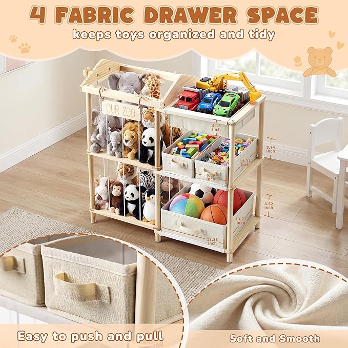 Kids Toy Organizers and Storage with 4 Toy Bins - Stuffed Animal Zoo Holder with 2 Hooks - Large Capacity Playroom Organization - Plush Storage for Toddler & Living Room