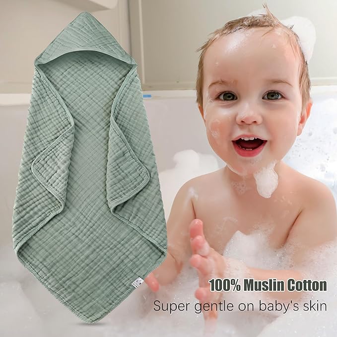 Spotted Play 2 Pack Hooded Baby Towels - 100% Muslin Cotton for Newborns, Infants, Toddlers - Large 32x32Inch Size - Highly Absorbent and Essential for Newborn Care, Green and Grey