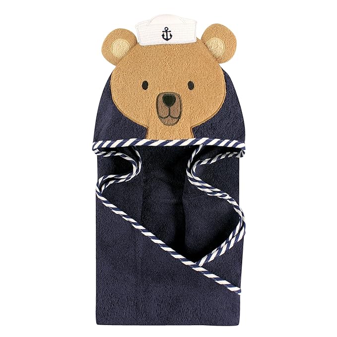 Hudson Baby Unisex Baby Cotton Animal Face Hooded Towel, Sailor Bear, One Size