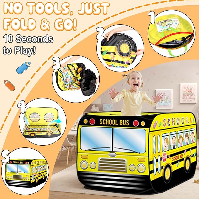 Dolanus School Bus Truck Play Tent Pop up for Kids Age 3, Playhouse Toys for 3 4 5 Kid Years Old Toddlers Boys Girls, Indoor Outdoor School Bus Toy, Birthday Gifts for 3+ Year Old Baby