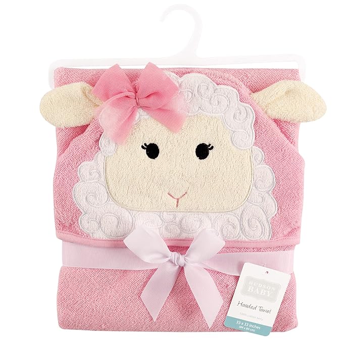 Hudson Baby Unisex Baby Cotton Animal Face Hooded Towel, Lamb, One Size