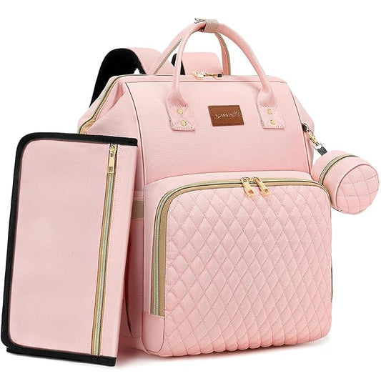 ROSEGIN Pink Diaper Bag Backpack for Baby Girls - Baby Shower Gifts for Mom, Quilted Diaper Bag with Changing Pad, Pacifier Case, Insulated Pockets, Stroller Straps, 35L Large Capacity - Cute