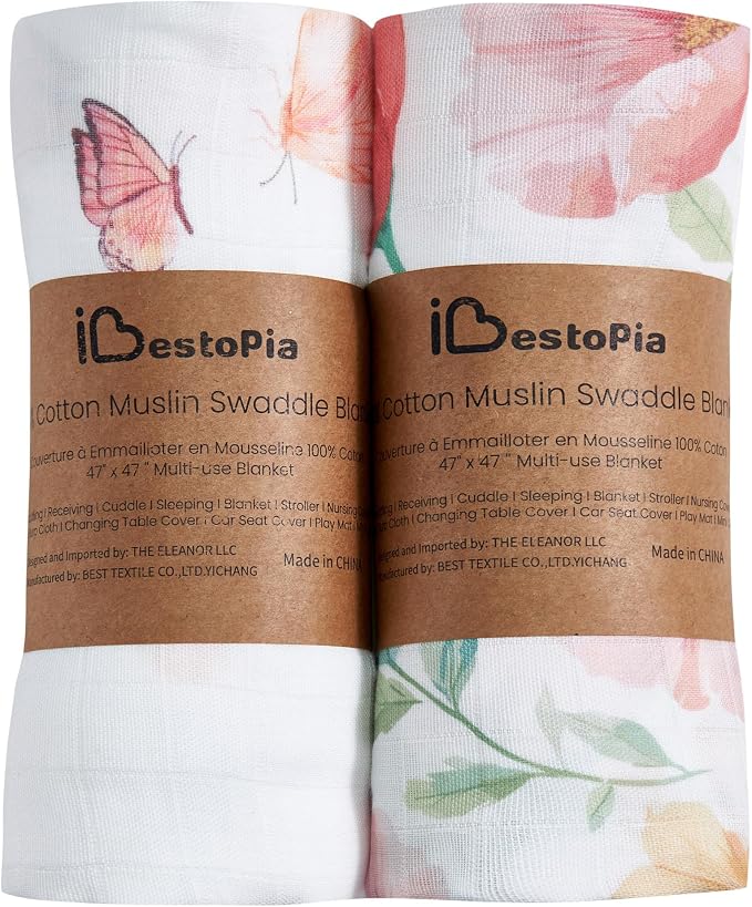 2-Pack Muslin Swaddle Blankets 47x47-100% Cotton Breathable Receiving Blankets for Newborn Baby, Soft Swaddling Wraps, Sunny Flutter & Bloom