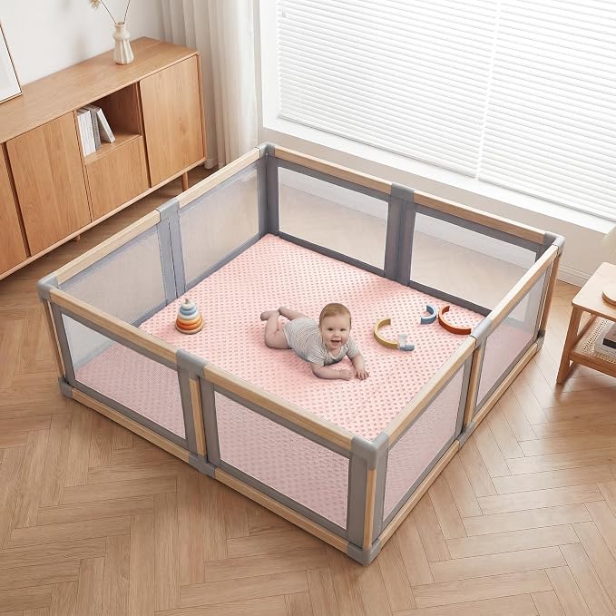 Huloo Sleep Baby Floor Play Mat for Playpen, Extra Thick 65x50 Inches Padded Mat with Ultra Soft 3D Minky Dot & Removable Washable Cover, Non-Slip & Safe for Crawling,Tummy Time,Infant/Toddler (Pink)
