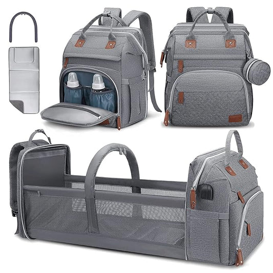 DERJUNSTAR Diaper Bag Backpack ??Large Capacity Baby Diaper Bag with Changing Pad, Waterproof Travel Backpack for Boys & Girls, Multi-Function Baby Bag with USB Charging Port, Grey