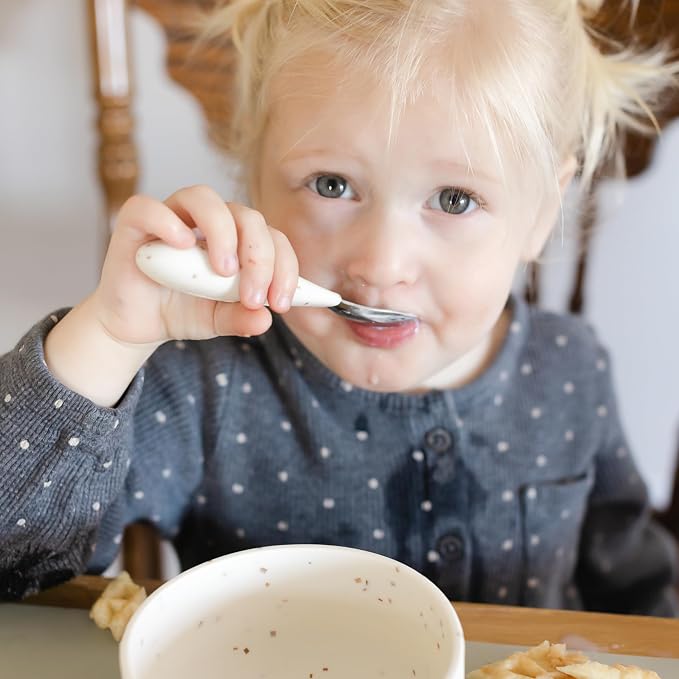 Yeah Baby Goods Silicone Toddler Fork & Spoon (Brown Speckle) - Easy Grip, Stainless Steel Kids Cutlery Set - Dishwasher Safe, Food Grade Silverware for Babies - Self-Feeding Toddler Utensils Set