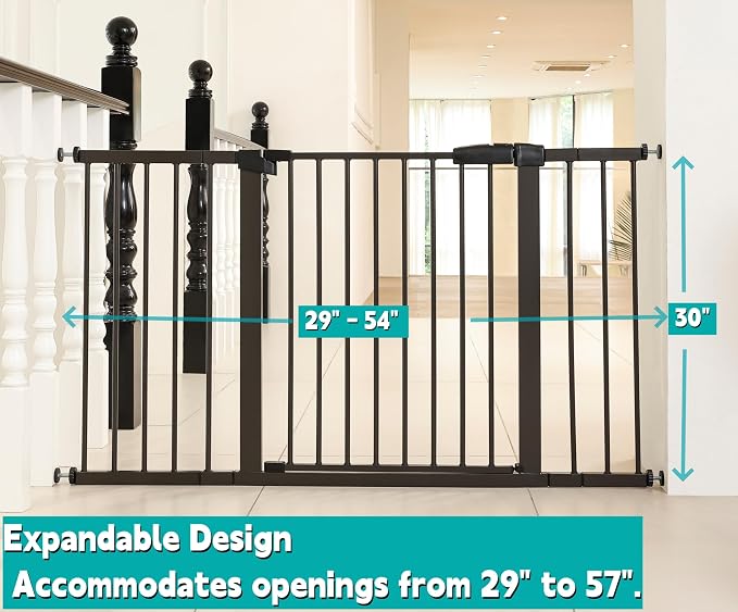 53.46"-55.63" Baby and Pet Safety Gate, 30" Tall Metal Walk-Thru Gate for Doorways & Stairs, Easy One-Hand Open, Dual Lock, Extensions & Wall Mounts Included (Brown, 29"-54" W x 30.5“H)