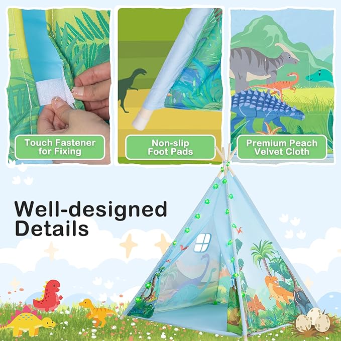 BRINJOY Teepee Tent for Kids, Toddlers Dinosaur Play Tent with LED String Lights, Foldable Children Teepee Tent Toy w/Storage Bag, Indoor Outdoor Pretend Playhouse Gift for Boys Girls Ages 3+