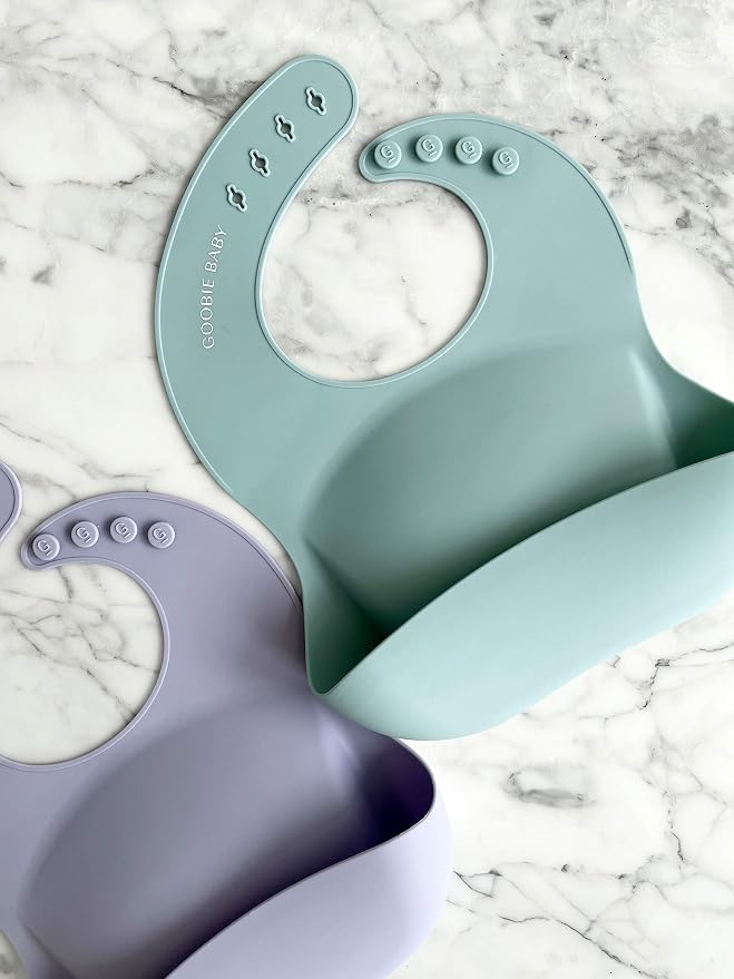 Goobie Baby Silicone Baby Bib with Food Catcher - Adjustable Waterproof Feeding Bib for Babies & Toddlers 4 to 36 Months for Girl and Boy - Modern, Soft, Easy to Clean (2 Pack – Sea Glass/Lilac)