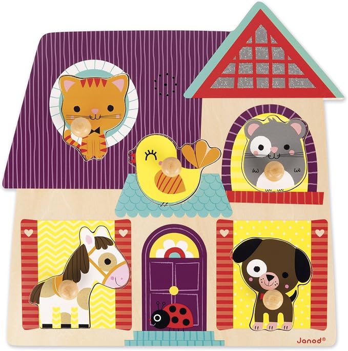 Janod 5 Piece Musical Animal Sound My Little Friends Themed Wooden Peg Colorful Jigsaw Puzzle with Sound Effects - Encourages Shape Recognition, Dexterity & Language Development - Toddlers 18 Months+