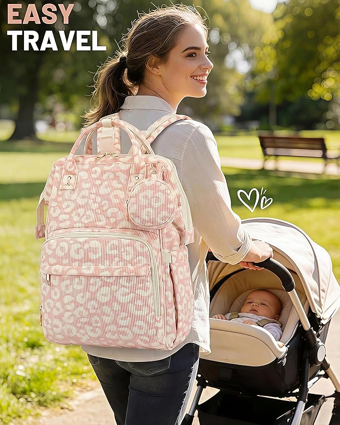 Corduroy Diaper Bag Backpack, Large Capacity Multifunction Baby Diaper Bags for Women, Insulated Bottle Pockets & Pacifier Case, Stylish Travel Nappy Changing Bags for Mom Dad (Leopard Pink)