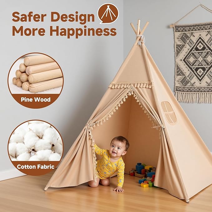 Sumbababy Kids Teepee Tent Indoor, Washable Cotton Canvas Play Tent with Tassel Trim, Foldable Toddler Tent for Girls & Boys Sleepover Party, Gift Set with Star Lights, Banner & Carry Bag, Khaki