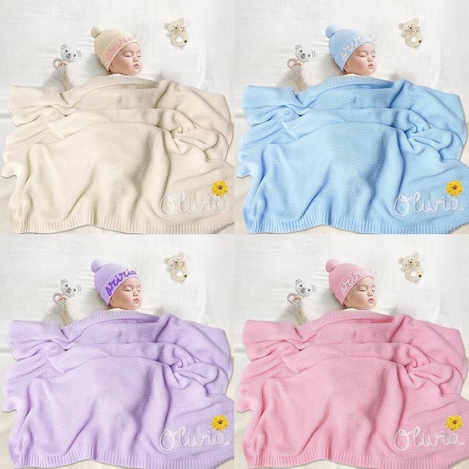 Personalized Baby Blanket 100% Organic Cotton Custom Baby Blanket with Name Perfect Personalized Baby Gifts for Girls & Boys Nursery Gifts for Newborn Baby（30x40in）