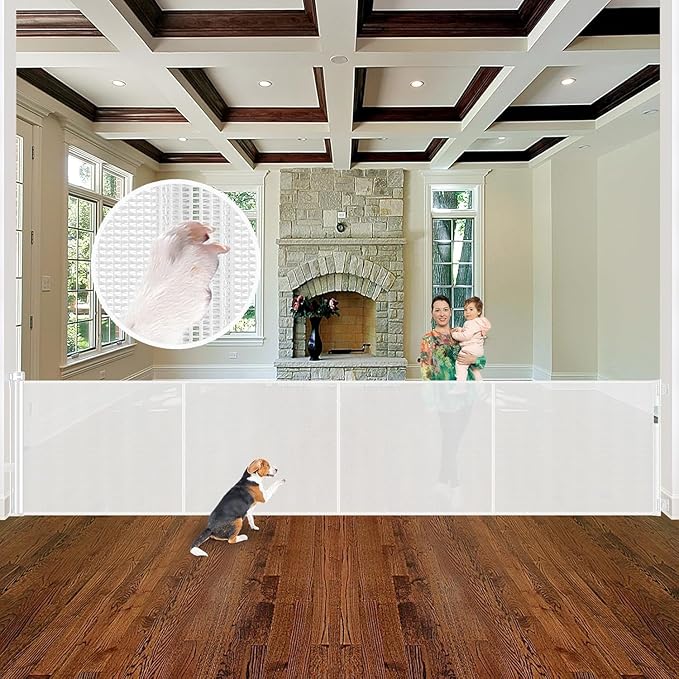 Reinforced 155 Inch Extra Wide Retractable Baby Gate with Reinforced Rods, 13 Feet Wide Retractable Dog Gate ??Prevents Crawling Under, Extra Long Baby Gate Retractable Fence Outdoor Garage Gate/White