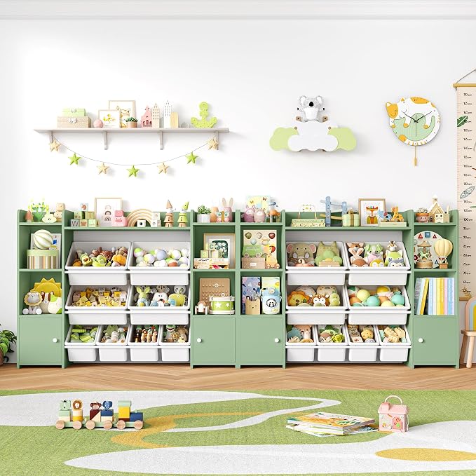 FOTOSOK Toy Storage Organizer with 8 Toy Bins, Toy Organizer Kids Bookshelf with 6 Storage Cubbies, Stuffed Animal Storage Organizer, Playroom Storage and Toy Chest, Green