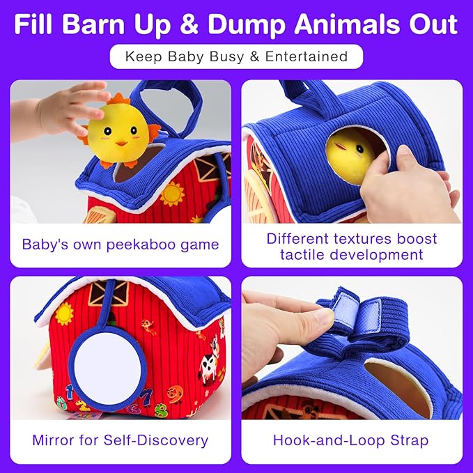 Montessori Sensory Toys for Baby - First Surprise Barn with 6 Stuffed Farm Animals - Rattles, Crinkles, Squeak, Mirror - 6-12 Months Infant &1-3 Years Toddler boy Girl Gifts & Travel Toy
