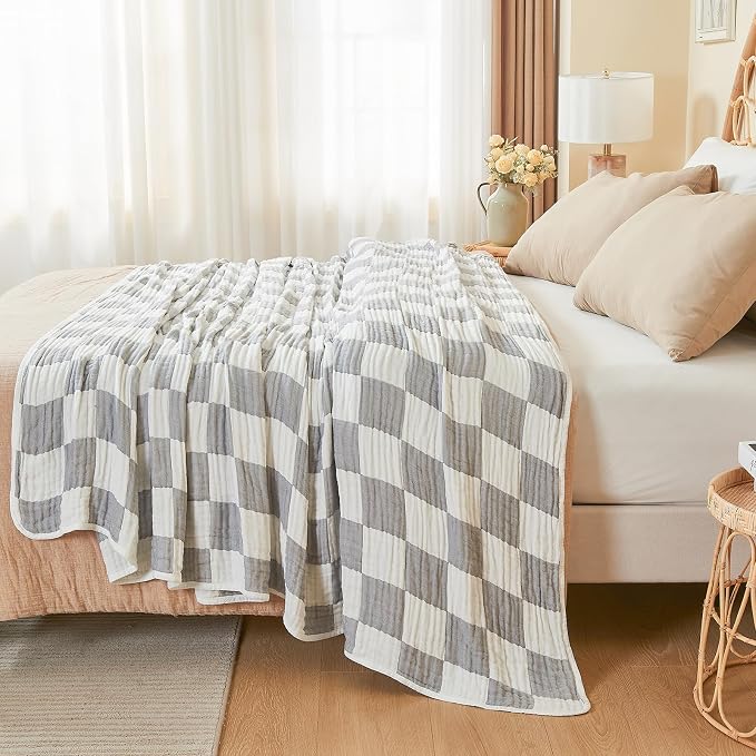 EMME Cooling Muslin Twin XL Blanket - Checkered Lightweight Summer Cotton Blanket of Rayon Derived from Bamboo for Hot Sleepers, Ultra Soft Breathable Gauze