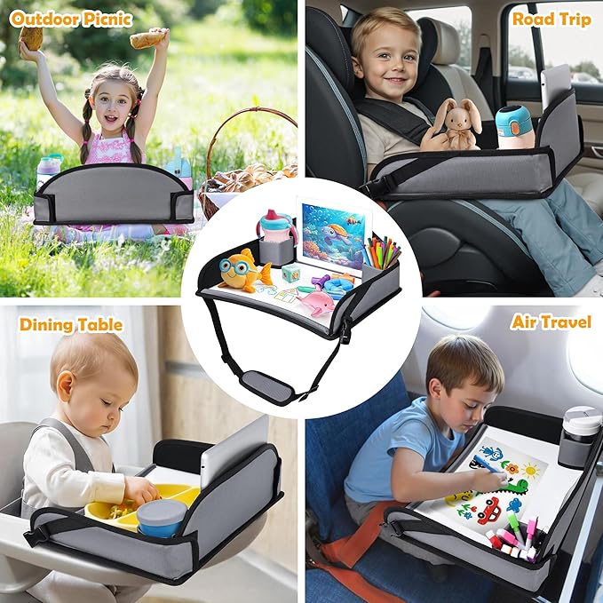 Kids Travel Tray for Toddler Carseat, Road Trip Activities Essentials for Toddler, Kids Lap Desk Tray with Tablet Holder Stand ï¼?Dry Erase Board (Grey)