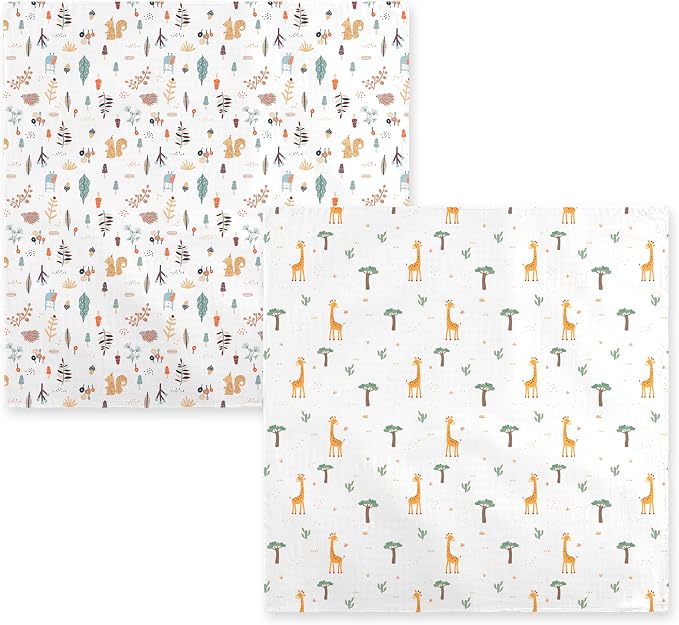 2-Pack Muslin Swaddle Blankets 47x47-100% Cotton Breathable Receiving Blankets for Newborn Baby, Soft Swaddling Wraps, Cozy Forest Duo