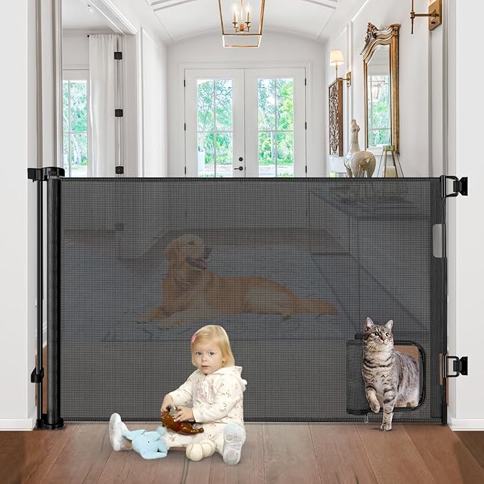 Retractable Baby Gates with Cat Door 80" Wide Retractable Dog Gate with Pet Door Outdoor Retractable Gate for Dogs Retractable Pet Gate with Door Mesh Baby Gate Retractable Mesh Dog Gate (Black)