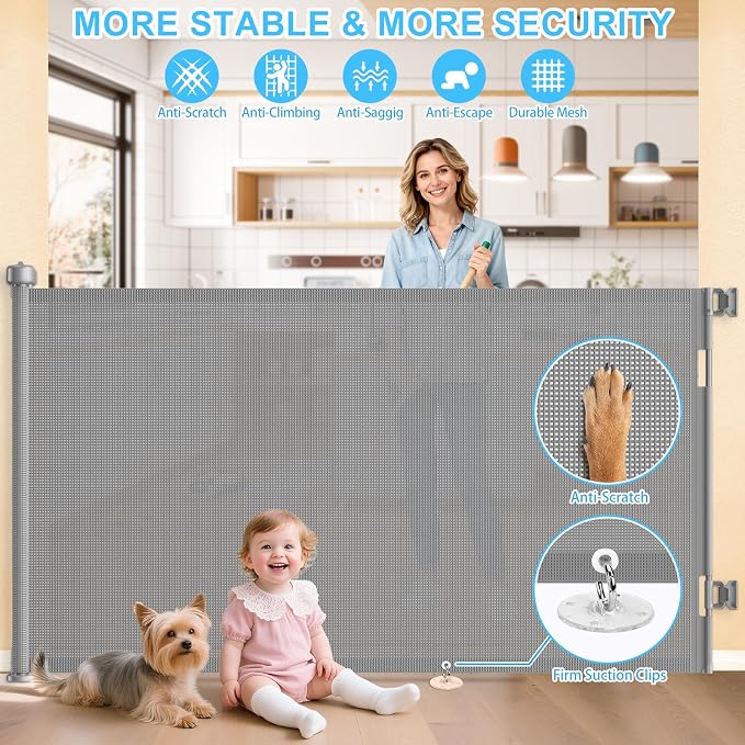 55 Inch Retractable Baby Gates Extra Wide, 41 Inch Reinforced Extra Tall Gate Mesh Safety Gate for Kids Pets, Retractable Dog Gate Baby Retractable Gate for Stair Hallway Doorway Indoor Outdoor, Gray
