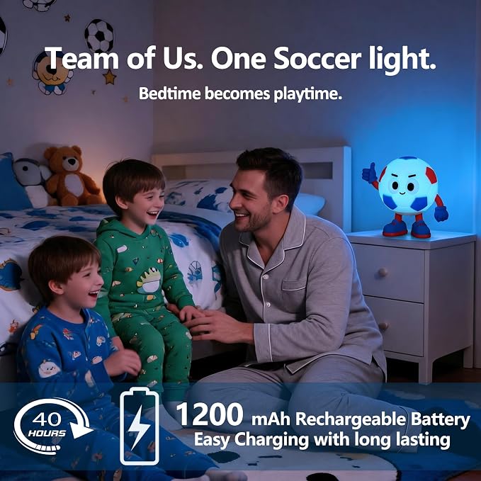 Soccer Gifts for Boys Girls, Soccer Night Light，Soft Silicone with Touch Control, 7 RGB Colors, Auto-Off, Dimmable, Rechargeable 1200mAh, Teen Kids Sports Fan Birthday Gifts (Blue&Red)
