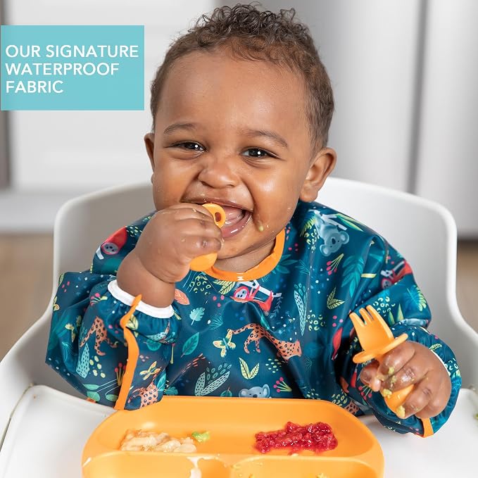 Bumkins Sleeved Bib for Girl or Boy, Baby and Toddler for 6-24 Mos, Essential Must Have for Eating, Feeding, Baby Led Weaning Supplies, Long Sleeve Mess Saving Food Catcher, Soft Fabric, Jungle