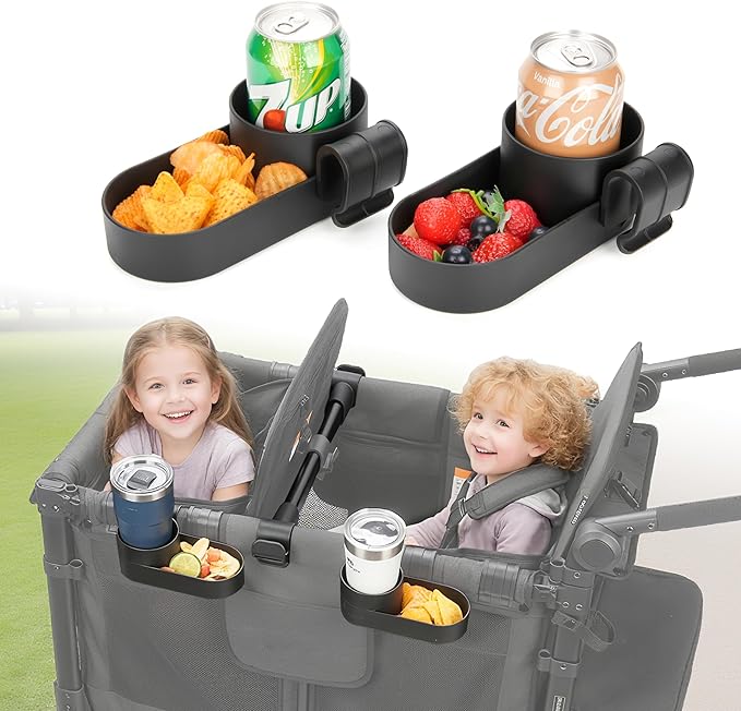 Wonderfold Wagon Snack Tray with Spill-Proof Cup Holders - Compatible with WONDERFOLD W2 & 4 Elite (2 & 4 Seats) | Kid Snacks & Drinks Tray, Detachable, Easy Install, Dishwasher Safe (2-Pack)