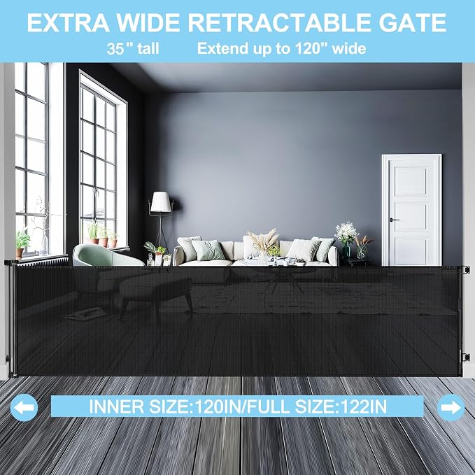 Mom's Choice Awards Winner - 120 Inch Extra Wide Baby Gate for Large Opening Retractable Baby Gate for Doorway Extra Long Puppy Gates for The House Outdoor Large Mesh Pet Gates for Dog Indoor (Black)