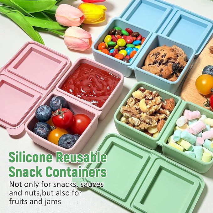 3Pack Silicone Snack Containers with Lids，2 Compartment Mini Leakproof Food Storage Box for Salad Dressing, Sauces, Travel, Picnic, Office (Lightweight and Convenient,8oz)