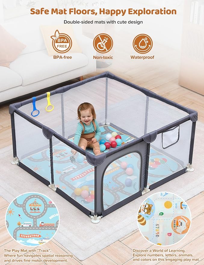 Dripex Baby Playpen with Mat ??47"x47" Small Play Yard for Babies 6-12 Months, Breathable Mesh & Waterproof Non-Slip Pad, Indoor/Outdoor Baby Fence, Grey