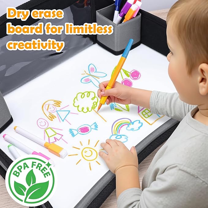 Kids Travel Tray for Toddler Carseat, Road Trip Activities Essentials for Toddler, Kids Lap Desk Tray with Tablet Holder Stand ï¼?Dry Erase Board (Grey)
