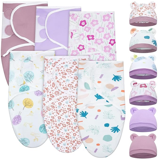 Ramede 6 Pack Swaddle Blanket with Hats for Baby Girl Boy 100% Cotton Swaddles 0-3 Months, Adjustable Breathable Skin Friendly Receiving Blanket Wrap, Essential for Newborns(Tree,Purple)