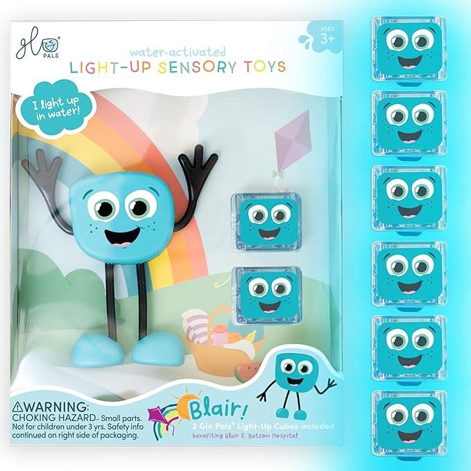 Glo Pals Water-Activated Light-Up Sensory Bath Toy Character and 6 Cubes for Bathtime and Sensory Play, Blair, Glows Blue