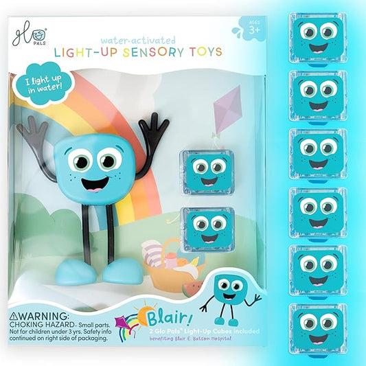 Glo Pals Water-Activated Light-Up Sensory Bath Toy Character and 6 Cubes for Bathtime and Sensory Play, Blair, Glows Blue